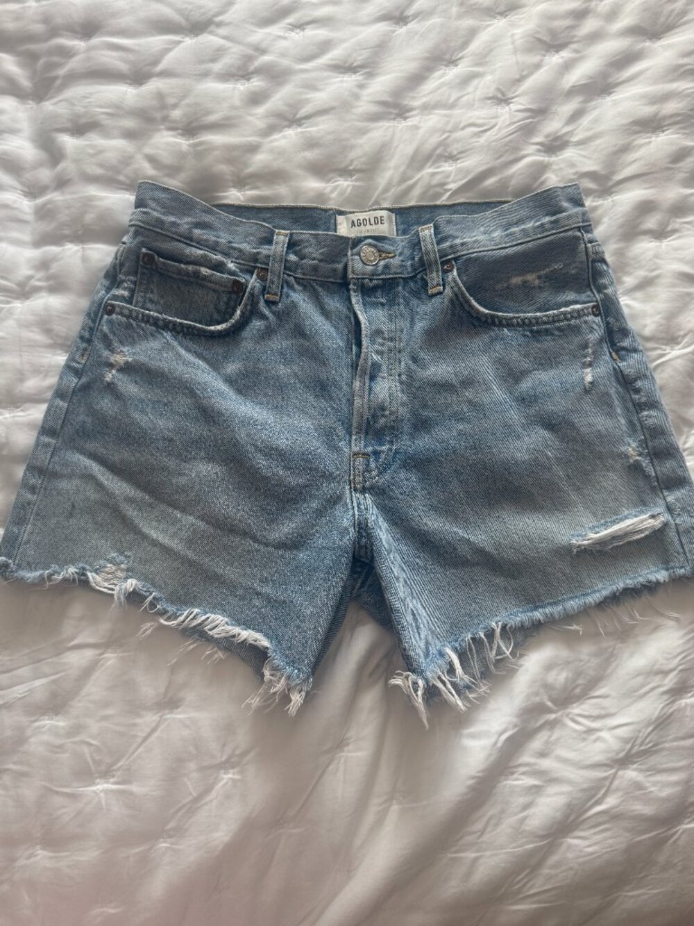 Agolde Parker Long Denim Shorts Size 29 Light Wash Distressed 100% Cotton